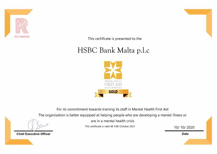 HSBC Malta awarded mental wellbeing Gold Certificate by The Richmond Foundation for a second time